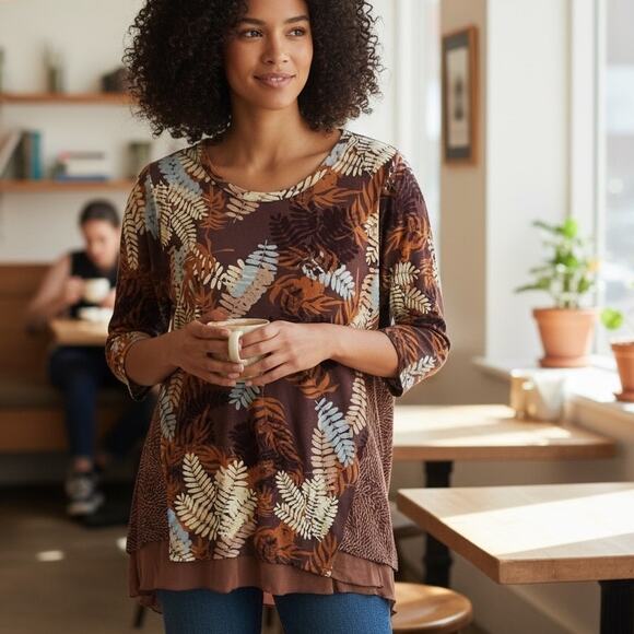LOGO by Lori Goldstein Leaf Tunic Top Womens Large Fall Brown Mixed Print - Picture 5 of 10